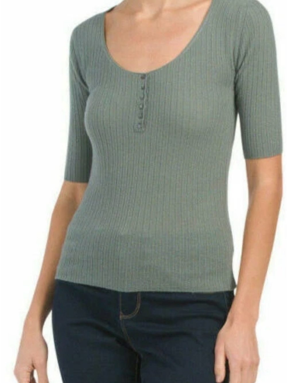 Vince Light Teal Rib Scoop Neck Cashmere Henley Top
